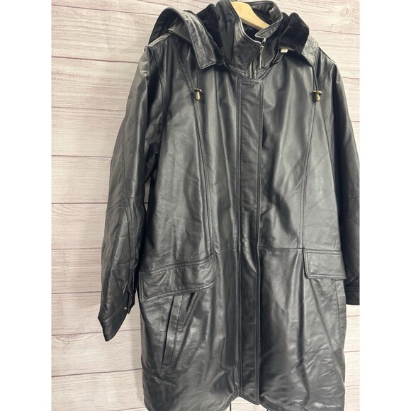 Veranesi Women's Genuine Leather Coat 28W Plus Black Faux Fur Lined Hood Parka - Picture 3 of 16